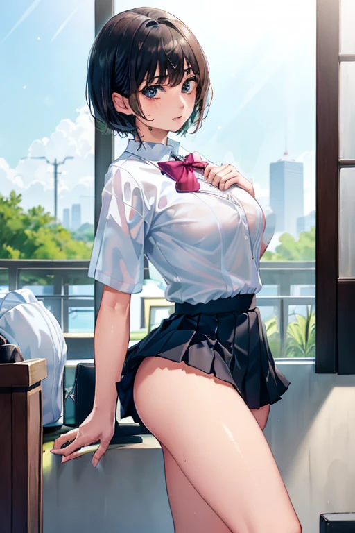 (masterpiece, Highest quality, Very detailed) (One boy and One girl:1.5), (Residence), Shota, One boy, One girl, chest, Heterosexual, Focus Only,, throw (slim:1.7), short hair, Black Hair, (big chest:1.6), Raised, Wet , Sweat,  Beautiful Face,  (Big eyes:1.5), cute,  fog,   (school uniform:0.6), (White poop:1.4), (Pleated skirt:1.4)  (From the side:1.5),  Japanese , Bra is visible through clothes, Pink Good, JS_Short skirt, (Micro Mini Skirt)