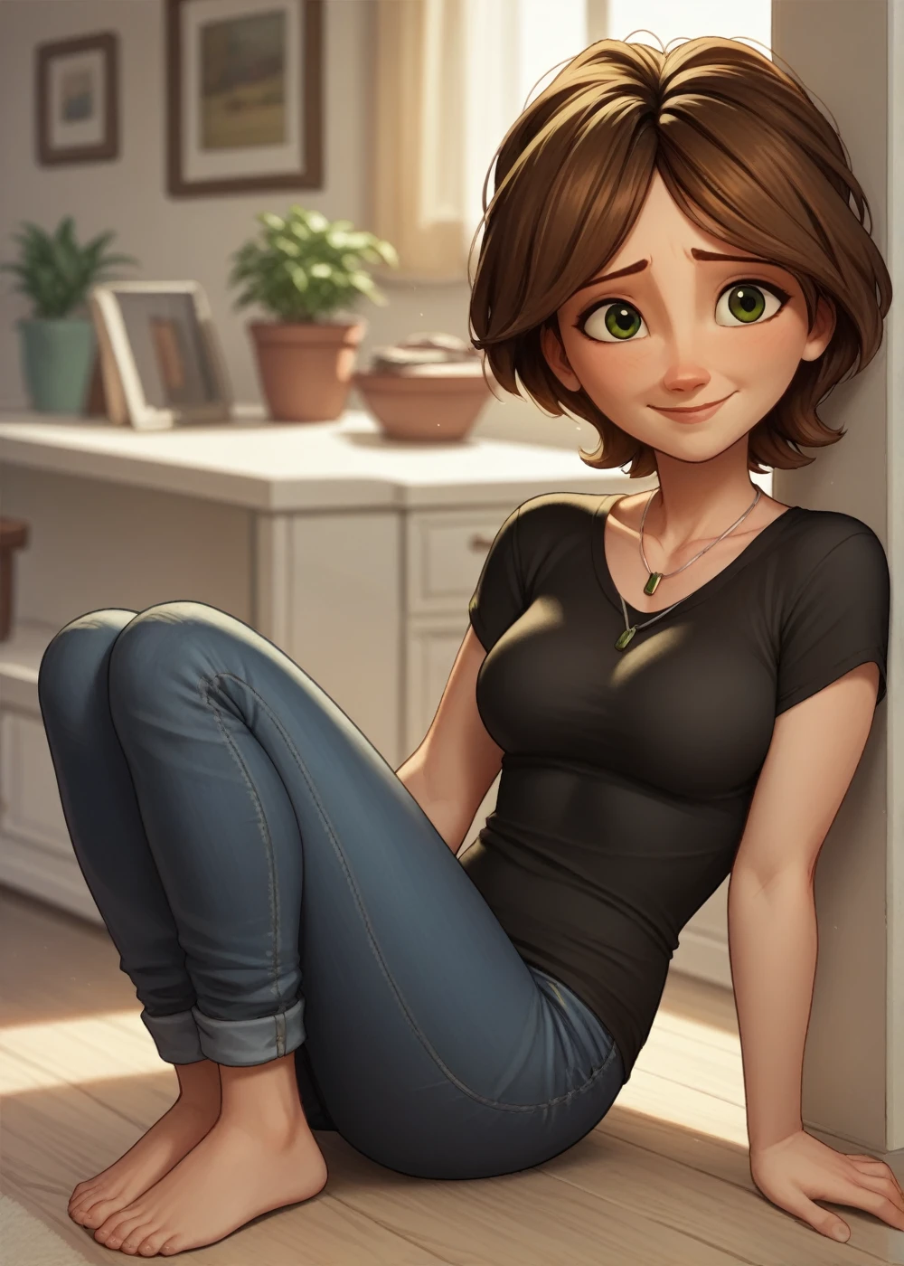 cass,1girl, solo, breasts, smile, short hair, brown hair, shirt, jewelry, green eyes, full body, jeans, short sleeves, indoors, necklace, blurry, black shirt, shy smile, score_9, score_8_up, score_7_up, score_6_up,