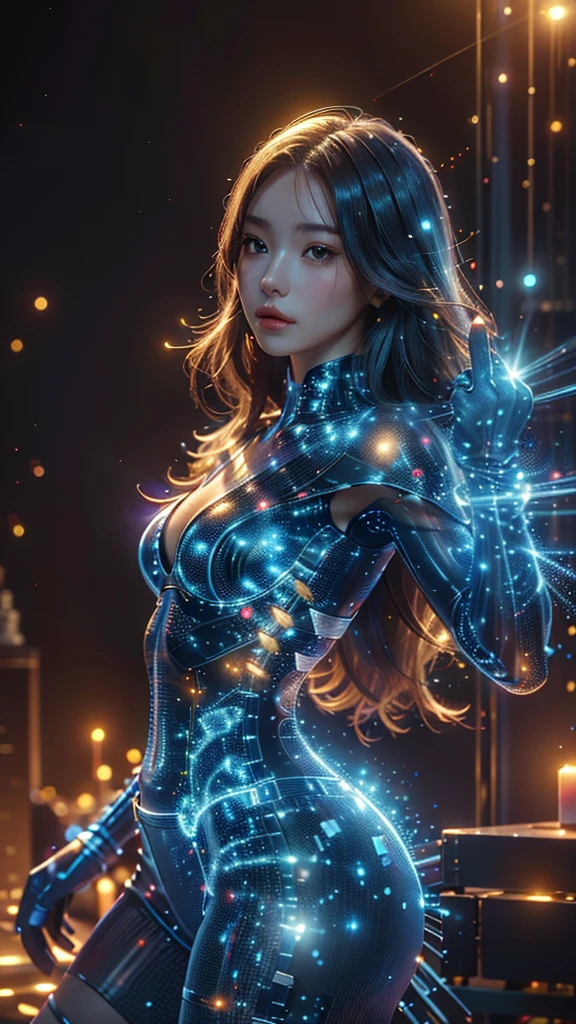 Ultra-Realistic Capture,18k,RAW Photos,Highest quality,masterpiece,reality,Very detailed,live-action,Very beautiful woman,Detailed face,Glowing Skin,Rainbow,Automata,cyber punk,18-year-old ,Model body type,slim,So many LEDs,Clothes made of light particles,Rainbowスキン,Electronic devices embedded in the body,Very detailedな電子機器,A lot of connecting lines,Very long hair,Large Breasts,Acrobatic poses,(Middle finger),neon,Long legs,