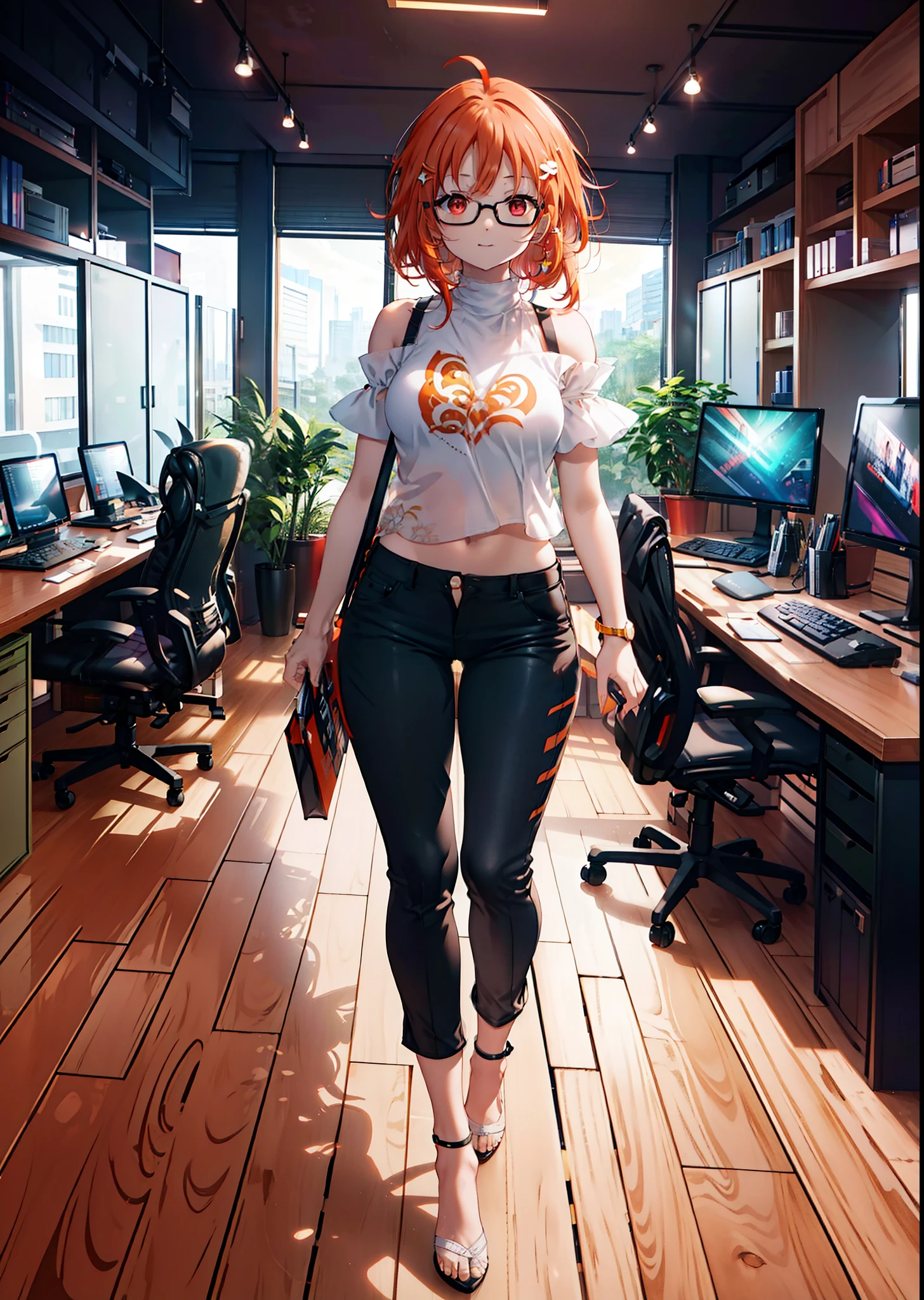 Takahai Chige,Orange Hair,Red eyes,smile,Long Hair,Ahoge,Cold Shoulder Shirt,Short sleeve,skinny pants,Stiletto heels,Black-rimmed glasses,interior,There is a computer on the table,Walking,whole bodyがイラストに入るように,Daytime,Clear skies,　　　　 　　　　　　　　　　　　break indoors, office, 　　　　　　　　　　　break looking at viewer, whole body, 　　　　　　　　break (masterpiece:1.2), Highest quality, High resolution, unity 8k wallpaper, (shape:0.8), (Beautiful attention to detail:1.6), Highly detailed face, Perfect lighting, Extremely detailed CG, (Perfect hands, Perfect Anatomy),