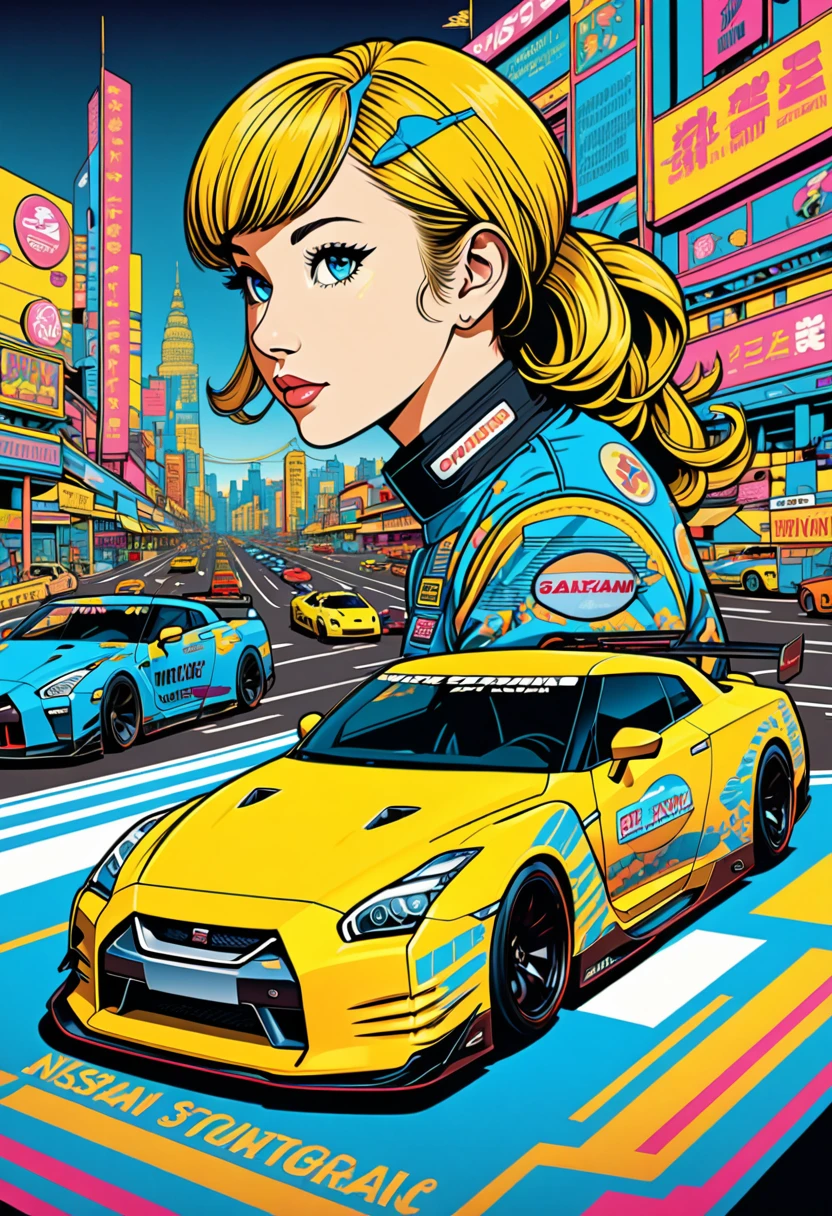 A captivating retro-futuristic poster featuring racing Nissan GTR Car, brilliantly designed by the talented trio of Rebecca Sugar, Charles Burns, and Dan McPharlin. The girl dons a vibrant yellow and sky blue, adorned with intricate patterns and futuristic gadgets., blending seamlessly with the background of a futuristic cityscape. The overall atmosphere of the poster is a blend of nostalgia and innovation, with a touch of vintage charm.