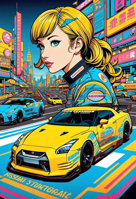 a captivating retro-futuristic poster featuring racing nissan gtr car, brilliantly designed by the talented trio of rebecca suga...