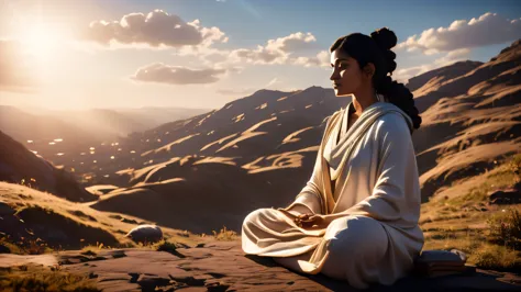 Namaste. Highly detailed image of a person meditating on the hill,  on a clear day. Loose Clothes. cinematic lighting