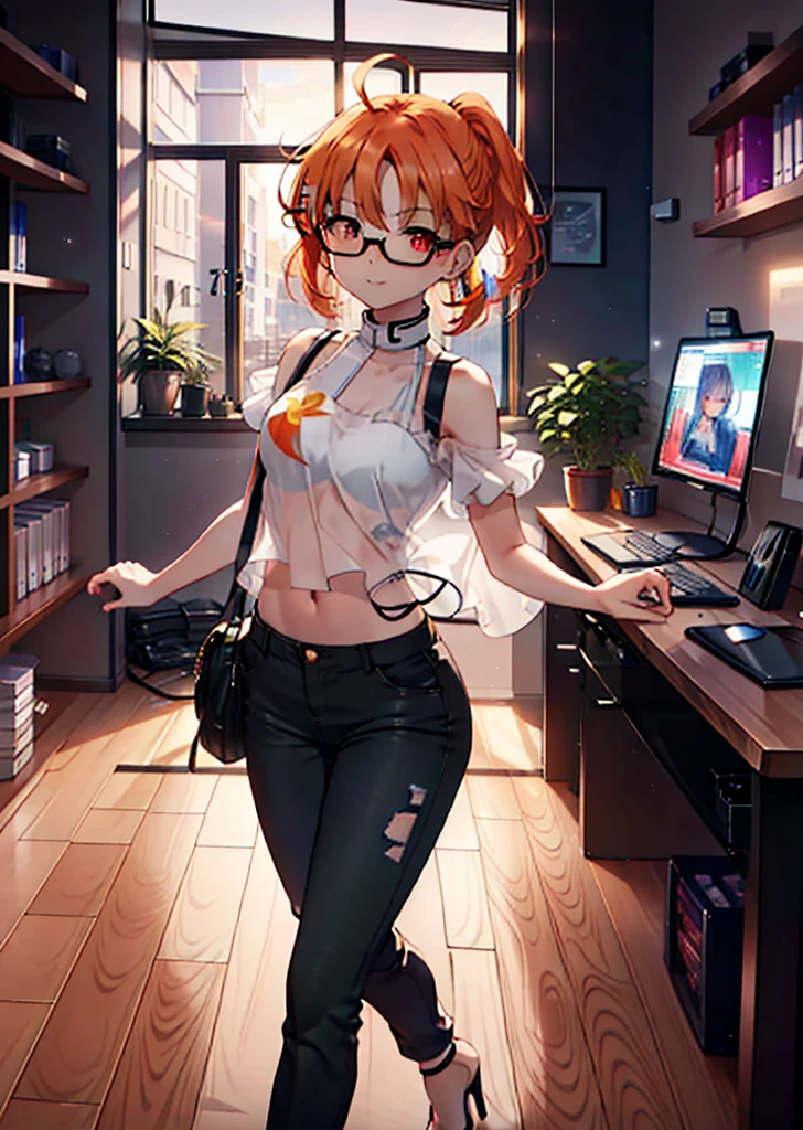 Takahai Chige,Orange Hair,Red eyes,smile,Long Hair,Ahoge,Cold Shoulder Shirt,Short sleeve,skinny pants,Stiletto heels,Black-rimmed glasses,interior,There is a computer on the table,Walking,whole bodyがイラストに入るように,Daytime,Clear skies,　　　　 　　　　　　　　　　　　break indoors, office, 　　　　　　　　　　　break looking at viewer, whole body, 　　　　　　　　break (masterpiece:1.2), Highest quality, High resolution, unity 8k wallpaper, (shape:0.8), (Beautiful attention to detail:1.6), Highly detailed face, Perfect lighting, Extremely detailed CG, (Perfect hands, Perfect Anatomy),