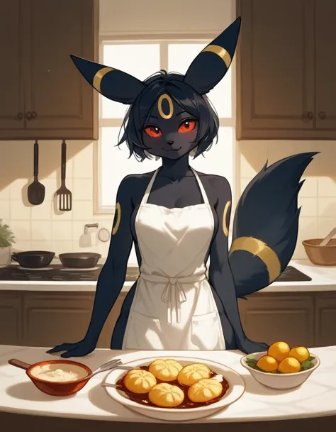 alone, score_9,score_8_up,score_7_up, anthro female umbreon, wearing cooking apron, in kitchen, serving food.