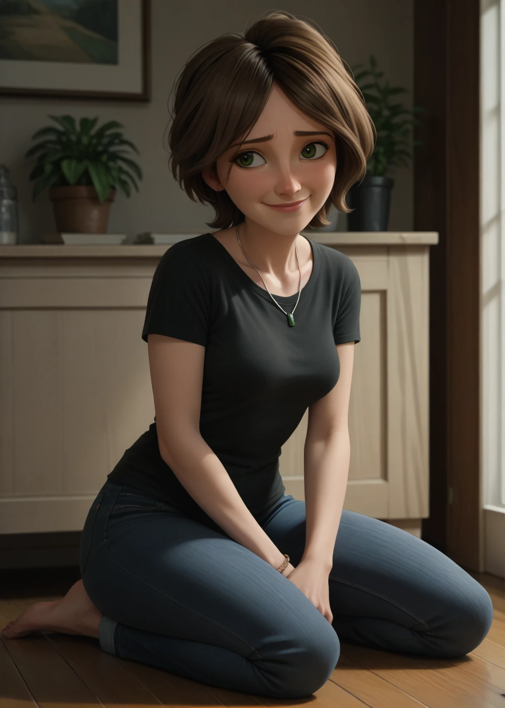 cass,1girl, solo, breasts, smile, short hair, brown hair, shirt, jewelry, green eyes, full body, jeans, short sleeves, indoors, necklace, blurry, black shirt, shy smile, score_9, score_8_up, score_7_up, score_6_up,