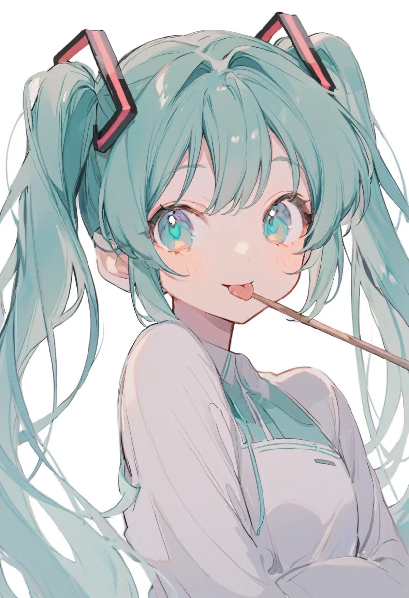 linhas suaves,  Hatsune Miku, bonitinho, Cabelo azul esverdeado, Caudas duplas, Olhos azul esverdeados, sorriso, Coloque a lingua pra fora, fundo branco