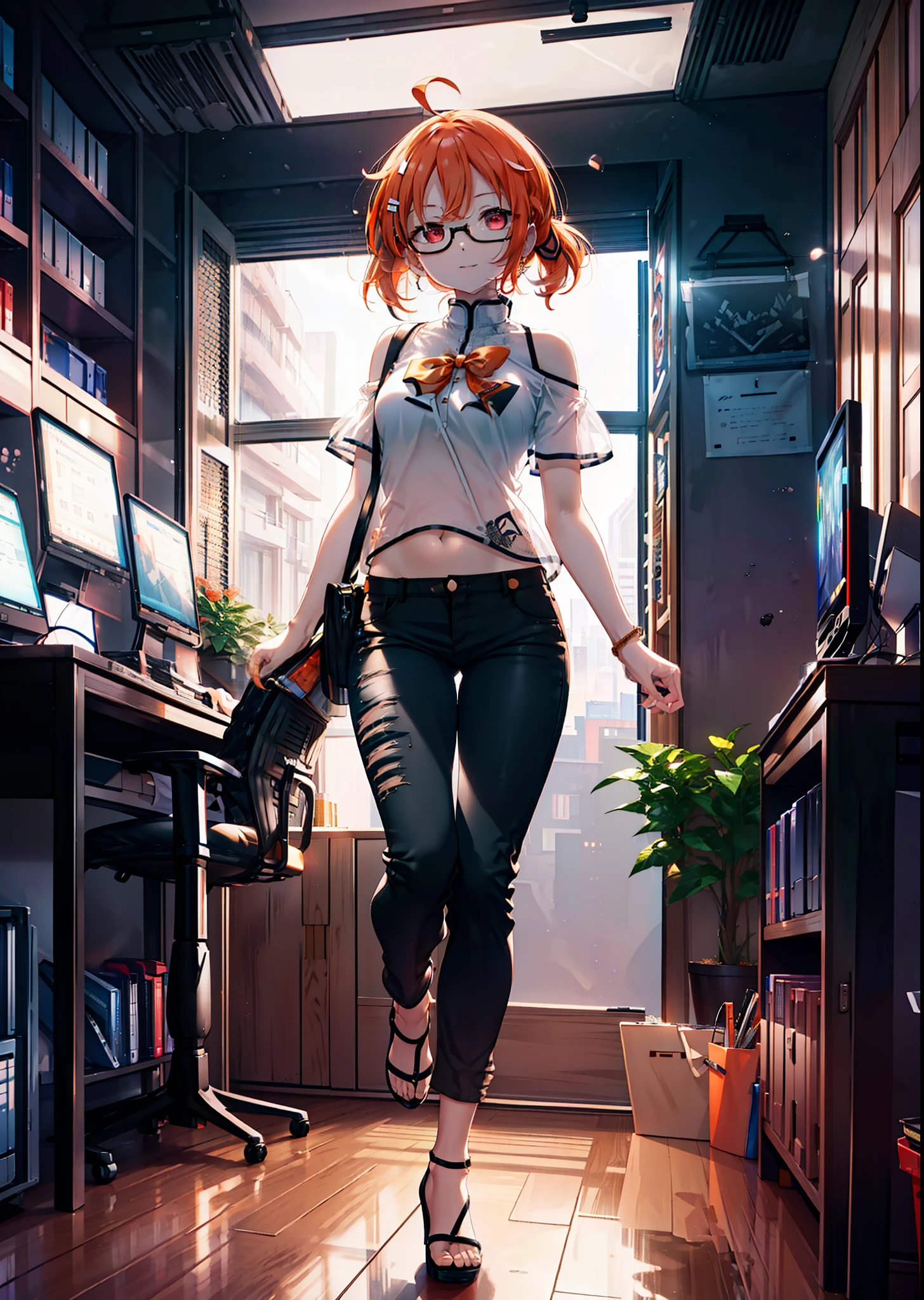 Takahai Chige,Orange Hair,Red eyes,smile,Long Hair,Ahoge,Cold Shoulder Shirt,Short sleeve,skinny pants,Stiletto heels,Black-rimmed glasses,interior,There is a computer on the table,Walking,whole bodyがイラストに入るように,Daytime,Clear skies,　　　　 　　　　　　　　　　　　break indoors, office, 　　　　　　　　　　　break looking at viewer, whole body, 　　　　　　　　break (masterpiece:1.2), Highest quality, High resolution, unity 8k wallpaper, (shape:0.8), (Beautiful attention to detail:1.6), Highly detailed face, Perfect lighting, Extremely detailed CG, (Perfect hands, Perfect Anatomy),