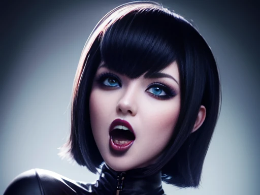 High-quality raw work,  mavis dracula, supernatural and exotic beauty short black hair bob style voluminous lips blue eyes white skin eyeliner and open mouth to bite, teeth fangs vampire,  