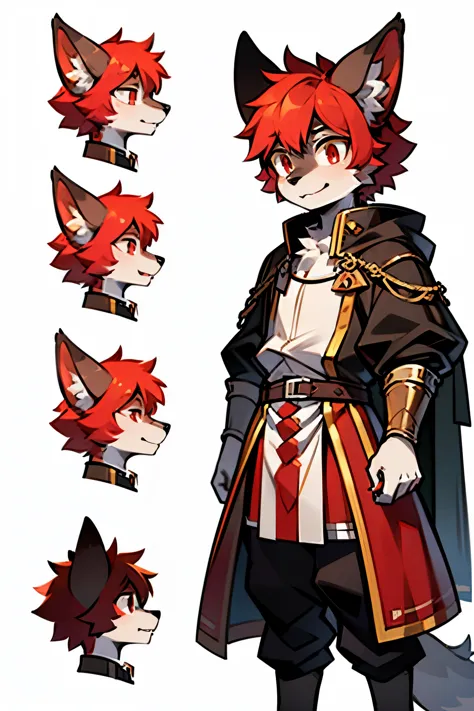 masterpiece, Character focus, solo, Furry male wolf, black and gray fur, red eyes, red ginger hair, simple medieval battle training clothes, Young style, young teen boy, cell shaded, Vector，Line art, concept art, full body shot, multiple face shots, white background, character reference sheet