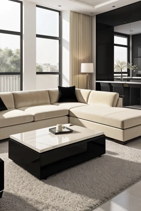 Professional 3d architecture rendering design of modern and minimal and chic  light cream velvet sofa and black slab stone middle table and modern accessories and modern windows and sofa 