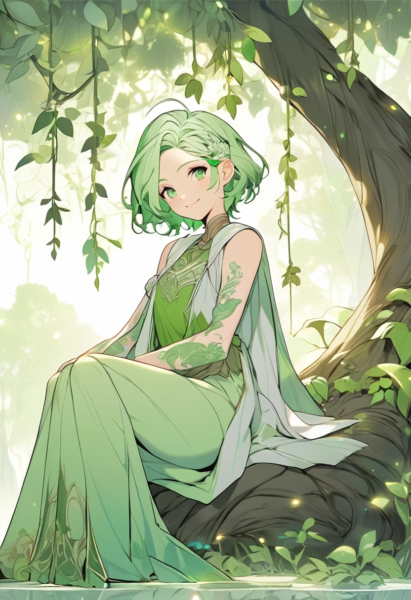 line art, iridescent white light effect, 2.5D, delicate and dynamic, pure palegreen world, cute white elf girl, captivating smile, forehead, white very short messy pixie cut, loose dress, thin flat body line, covered in tattoos, sitting, leaning against a large palegreen tree, background palegreen, cartoon-style images, shading, contrast magic effects, palegreen eyes