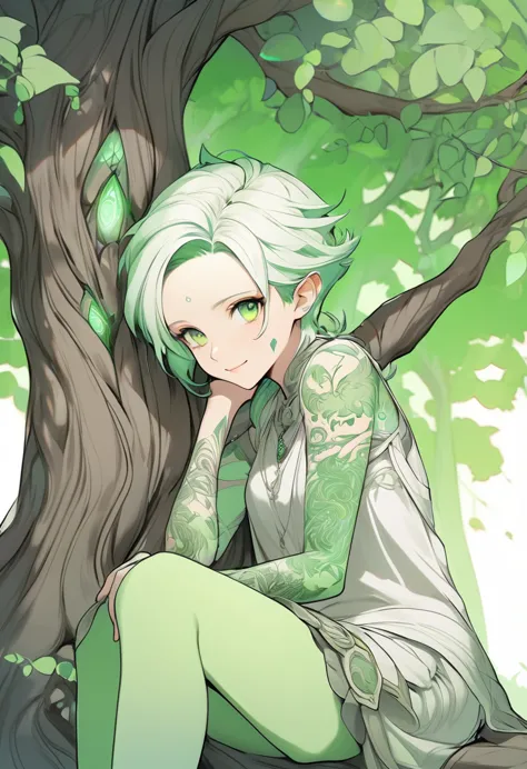 line art, iridescent white light effect, 2.5D, delicate and dynamic, pure palegreen world, cute white elf girl, captivating smil...