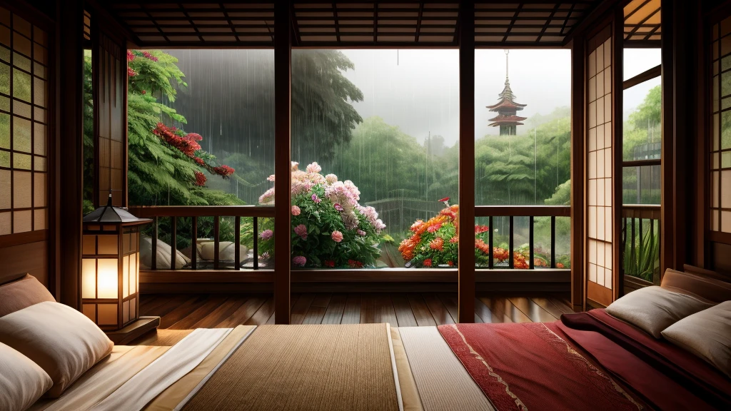 L'image montre une chambre douillette avec de grandes fenêtres offrant des vues sur des forêts et des fleurs trempées par la pluie. Cinématique, maison japonaise, la forme d&#39;une maison japonaise, et beaucoup de jardins fleuris dans le jardin. Le lit n'a pas été fait avec des draps froissés, indiquant qu'elle n'a été utilisée que récemment. ça a l&#39;air sombre, sombre. À côté du lit, il y a une petite table avec une lampe classique qui brûle, émettant une lumière chaude dans la pièce. De l&#39;autre côté de la fenêtre, une végétation luxuriante peut être vue sur la terrasse ou le balcon, avec de la pluie visible qui tombe, créer une atmosphère calme et paisible. Le contraste entre la chaleur intérieure et la pluie extérieure crée une atmosphère invitante et apaisante.