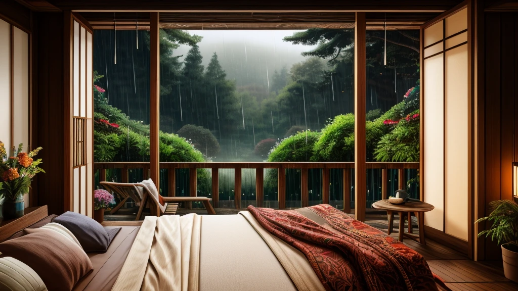 The image shows a cozy bedroom with large windows offering views of rain-soaked forests AND FLOWERS. CINEMATIC, JAPANESE HOUSE, the shape of a Japanese house, and lots of flower gardens in the garden. The bed has not been made with crumpled sheets, indicating it has only been used. looks dim, gloomy. Beside the bed there is a small table with a classic lamp burning, emitting warm light into the room. Outside the window, lush greenery can be seen on the terrace or balcony area, with rain visible falling, creating a calm and peaceful atmosphere. The contrast between the warmth indoors and the rain outdoors creates an inviting and calming atmosphere