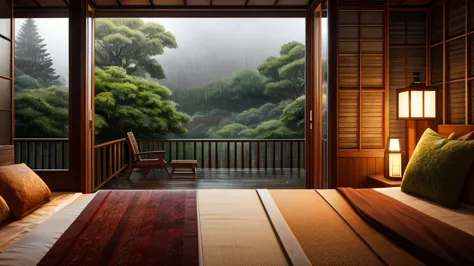 The image shows a cozy bedroom with large windows offering views of rain-soaked forests AND FLOWERS. CINEMATIC, JAPANESE HOUSE, ...
