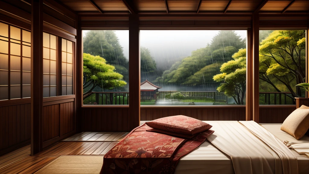 L'image montre une chambre douillette avec de grandes fenêtres offrant des vues sur des forêts et des fleurs trempées par la pluie. Cinématique, maison japonaise, la forme d&#39;une maison japonaise, et beaucoup de jardins fleuris dans le jardin. Le lit n'a pas été fait avec des draps froissés, indiquant qu'elle n'a été utilisée que récemment. ça a l&#39;air sombre, sombre. À côté du lit, il y a une petite table avec une lampe classique qui brûle, émettant une lumière chaude dans la pièce. De l&#39;autre côté de la fenêtre, une végétation luxuriante peut être vue sur la terrasse ou le balcon, avec de la pluie visible qui tombe, créer une atmosphère calme et paisible. Le contraste entre la chaleur intérieure et la pluie extérieure crée une atmosphère invitante et apaisante.