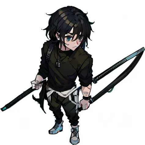 boy, 20 year, serious look, whole body, tied up hair, black sweatshirt, black sweatpants, White sneakers, Bblack hair, big hair, Hand band, RPG, order, combat stance.