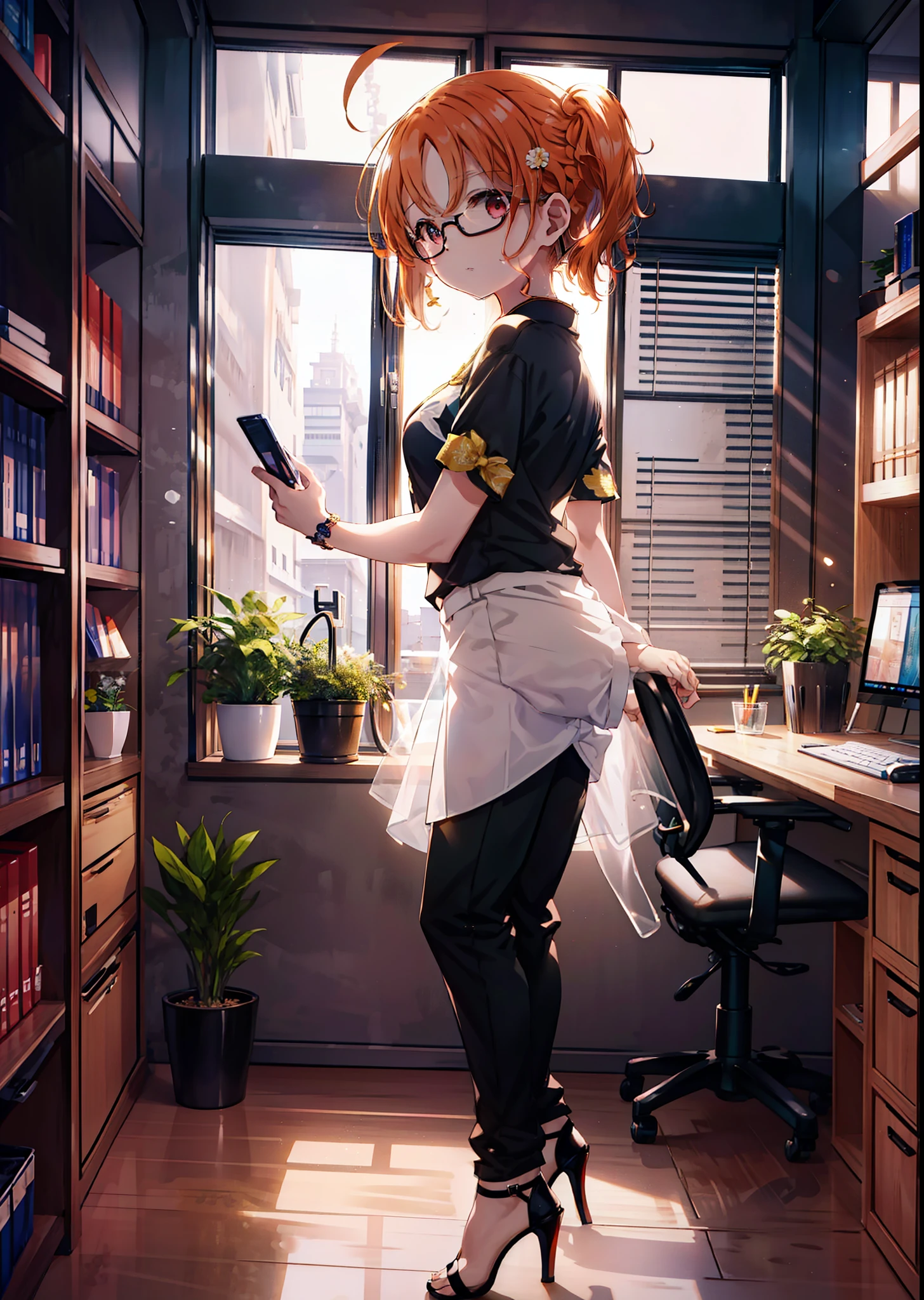 Chika Takami,cheveux orange,les yeux rouges,sourire,cheveux longs,Ahöge,chemise à épaules dénudées,manche courte,pantalons moulants,talons aiguilles,lunettes à monture noire,intérieur,Il y a un ordinateur sur la table,marche,tout le corpsがイラストに入るように,jour,Soleil radieux,　　　　 　　　　　　　　　　　　casser indoors, bureau, 　　　　　　　　　　　casser looking at viewer, tout le corps, 　　　　　　　　casser (chef-d&#39;œuvre:1.2), La plus haute qualité, Haute résolution, unité 8k fond d&#39;écran, (forme:0.8), (Belle attention aux détails:1.6), visage très détaillé, éclairage parfait, CG très détaillé, (des mains parfaites, Anatomie parfaite),