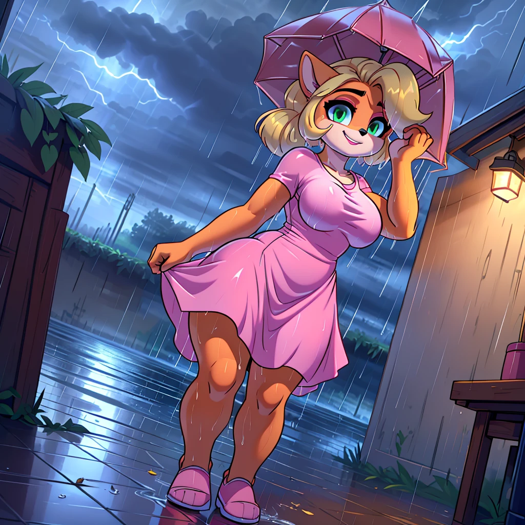 (masterpiece), ((perfect anatomy)), (high Res), (4k), bandicoot, green eyes, blonde hair, huge breast, wide hips, (((wet full body skin tight short pink dress))), happy, (anime artstyle), (((solo))), narrow waist, (((raining))), (((storm))), (((at night))), (((wet))), in the dark, ((wet clothes))