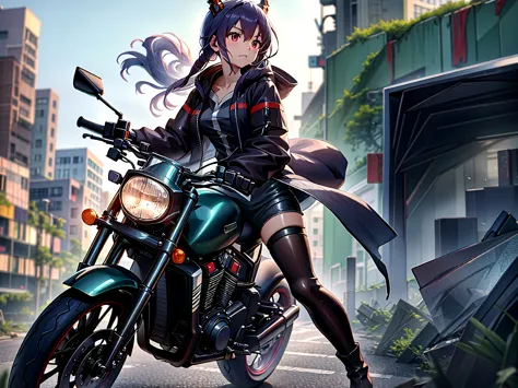 anime girl Chen rides a motorcycle through a destroyed city, cool anime 8k, anime style 4k, 4k anime wallpaper, anime wallpaper ...