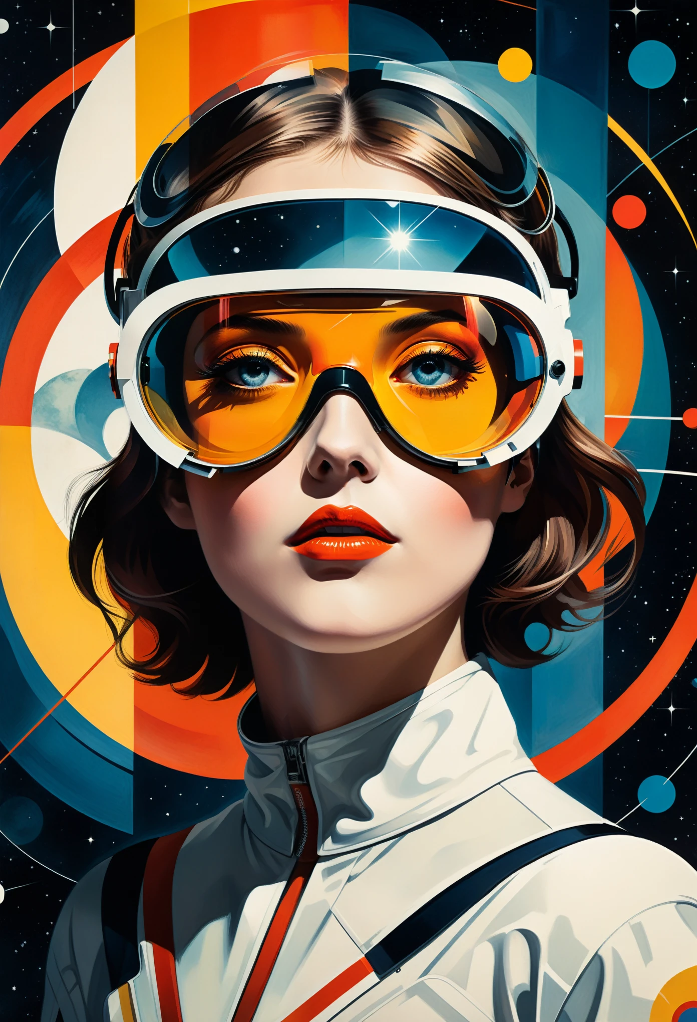 masterpiece, best quality, 1girl, space thriller movie poster, Bauhaus, shapes, lines, abstract, wearing Vision Pro goggles