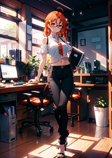 takahai chige,orange hair,red eyes,smile,long hair,ahoge,cold shoulder shirt,short sleeve,skinny pants,stiletto heels,black-rimm...