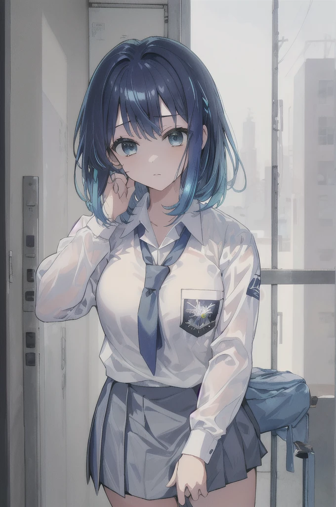 masterpiece,best quality, ultra_res, extremely detailed,
1girl,HMAKANE, BLUE HAIR, medium HAIR, GRADIENT HAIR, MEDIUM BREASTS,
Indonesian high-school uniform, (wearing transparent white shirt, LONG SLEEVES), osis logo on shirt pocket, medium breasts, light-grey pleated skirt,
