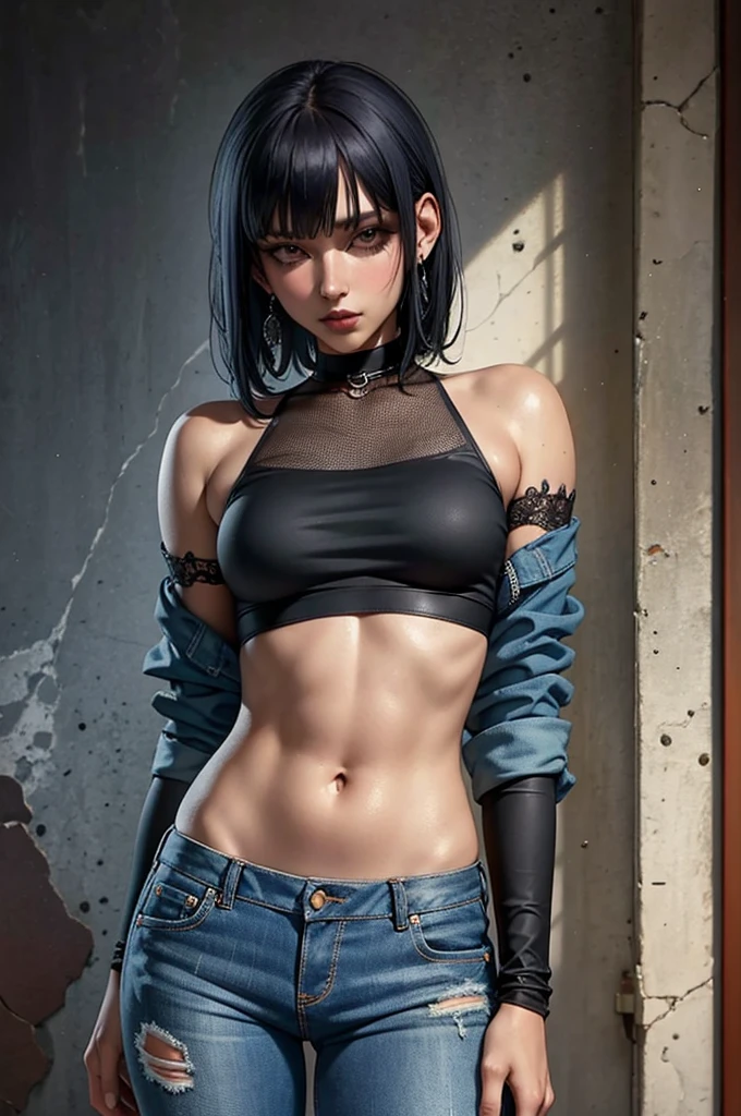 night, long blunt bangs, dark, blue cutoff jeans, Woman, (emo, gothic, dark), dark clothing,  portrait, standing,  