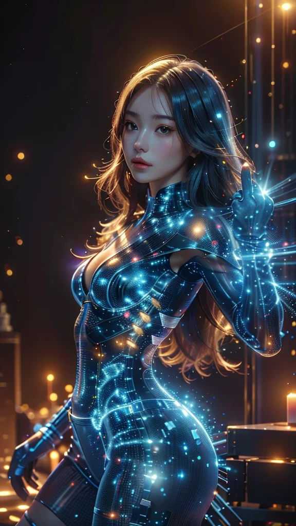 Ultra-Realistic Capture,18k,RAW Photos,Highest quality,masterpiece,reality,Very detailed,live-action,Very beautiful woman,Detailed face,Glowing Skin,Rainbow,Automata,cyber punk,18-year-old ,Model body type,slim,So many LEDs,Clothes made of light particles,Rainbow,Electronic devices embedded in the body,Very detailed electric,A lot of connecting lines,Very long hair,Large Breasts,Acrobatic poses,(Middle finger),neon,Long legs,look at viewer,