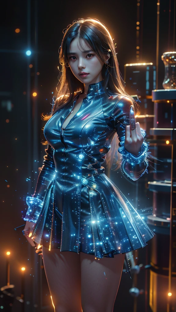 Ultra-Realistic Capture,18k,RAW Photos,Highest quality,masterpiece,reality,Very detailed,Live Action,Very beautiful woman,Detailed face,Glowing Skin,rainbow,Automata,cyber punk,18-year-old ,Model body type,slim,lots of leds,Clothes made of light particles,rainbowスキン,Implanted electronic devices,Very detailedな電子機器,Many connections,Very long hair,Large Breasts,((Middle finger:1.6)),neon,Long legs,anger,