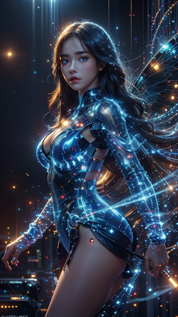 Ultra-Realistic Capture,18k,RAW Photos,Highest quality,masterpiece,reality,Very detailed,live-action,Very beautiful woman,Detailed face,Glowing Skin,Rainbow, Blue eyes, Automata,cyber punk,18-year-old ,Model body type,slim,So many LEDs,Clothes made of light particles,Rainbow Skin,Electronic devices embedded in the body,Very detailed electronic equipment, butterfly wings on her back, A bunch of glowing wires, Very long hair girl, Glittering, Black skin girl, Large Breasts,Acrobatic poses,(Middle finger),neon,Long legs, Black skin girl, long curly brown hair 