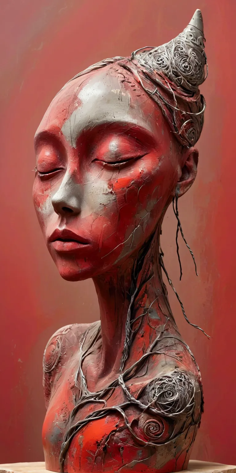 abstract sculpture，weird，abstract art,surrealism，red background