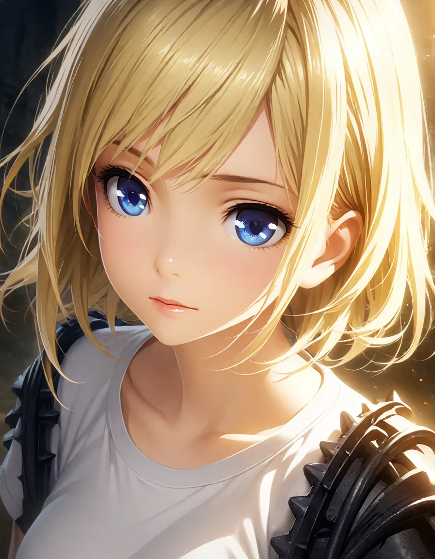 portrait, Practical, blue eyes, Blonde hair, Mid-chest, 4K resolution, High quality CG, Beautiful CG, Soft Light, Octane Rendering, white t-shirt, close shot, front