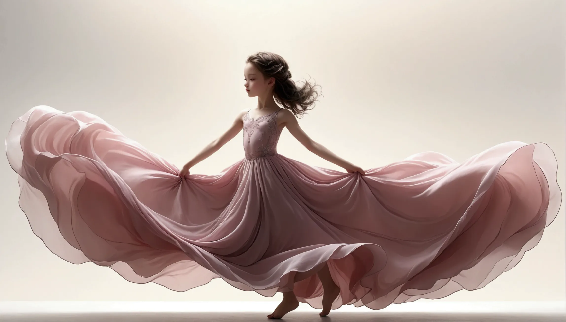 dance photography；a dancer，solitary；a little girl in a gorgeous long dress（girl），princess dress，中式simple style的裙子，pink，conservat...