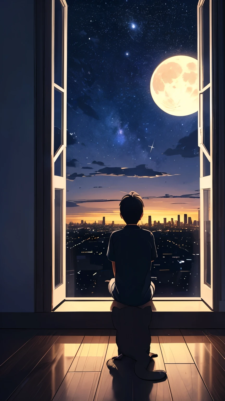 there is a boy Ausschau halten a window at the moon, Nachthimmel voller Sterne, strahlender Mond, die Sterne beobachten, Silhouette eines Jungen und seiner Katze, Fenster in den Himmel hinter ihnen, Blick auf die Sterne, Ausschau halten, die Sterne beobachten at night, Fenster zur Nachtzeit, Blick auf eine Stadt 