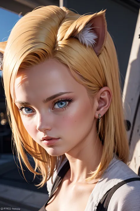 a beautiful neko android 18, detailed facial features, detailed eyes, detailed lips, detailed nose, detailed face, long eyelashe...