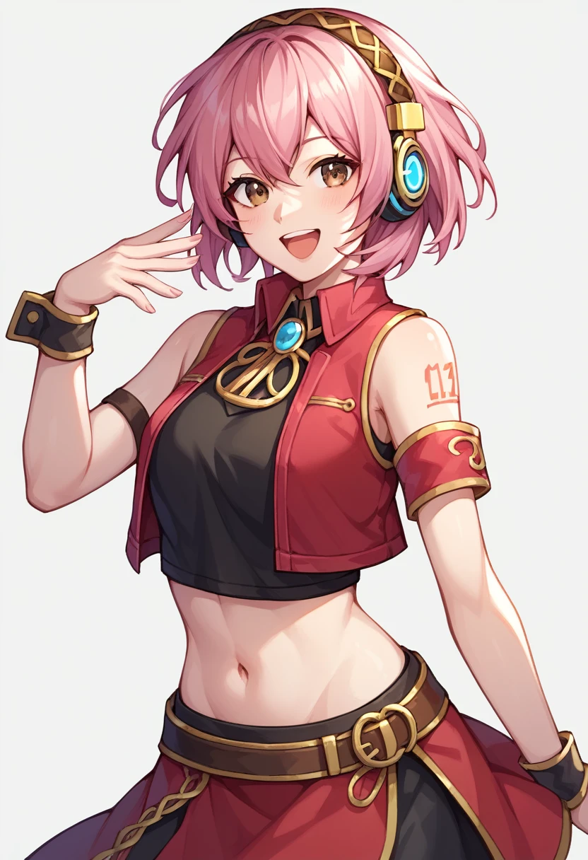 score_9, score_8_up, score_7_up,score_6_up, score_5_up, score_4_up , 1girl, solo, luka megurine, blue eyes, headphones, long hair, pink hair,, arm warmers, armband, bare shoulders, black shirt, black skirt, crop top, midriff, navel, shirt, shoulder tattoo, single arm warmer, skirt, tattoo, meiko, (brown eyes:1.5), brown hair, short hair,, bare arms, crop top, jacket, midriff, miniskirt, navel, red jacket, red skirt, skirt, sleeveless, sleeveless jacket, wrist cuffs, wrist cuff happy, cowboy shot, simple background