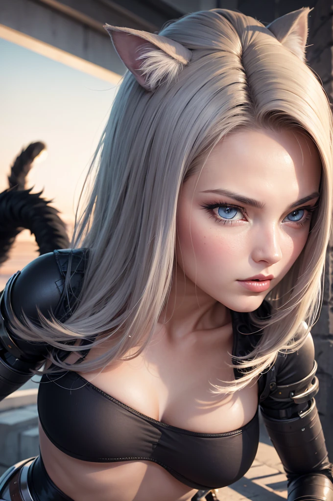 a beautiful neko android 18, detailed facial features, detailed eyes, detailed lips, detailed nose, detailed face, long eyelashes, catlike ears, catlike tail, detailed android components, cyborg body, intricate mechanical details, highly detailed, 8k, photorealistic, masterpiece, vibrant colors, dynamic lighting, dramatic poses, fantasy art