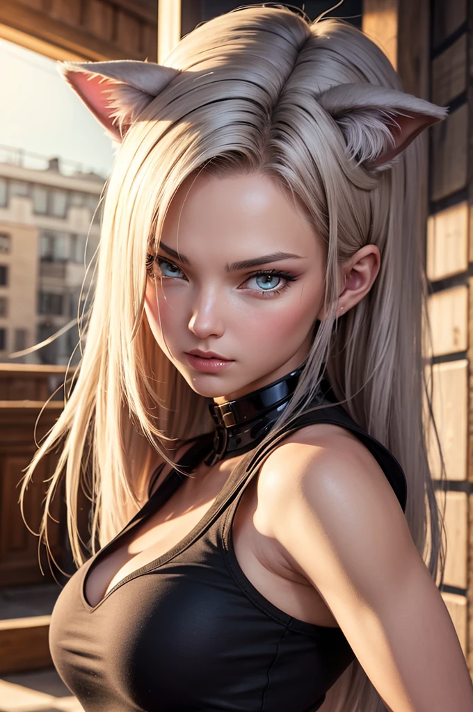 a beautiful neko android 18, detailed facial features, detailed eyes, detailed lips, detailed nose, detailed face, long eyelashes, catlike ears, catlike tail, detailed android components, cyborg body, intricate mechanical details, highly detailed, 8k, photorealistic, masterpiece, vibrant colors, dynamic lighting, dramatic poses, fantasy art