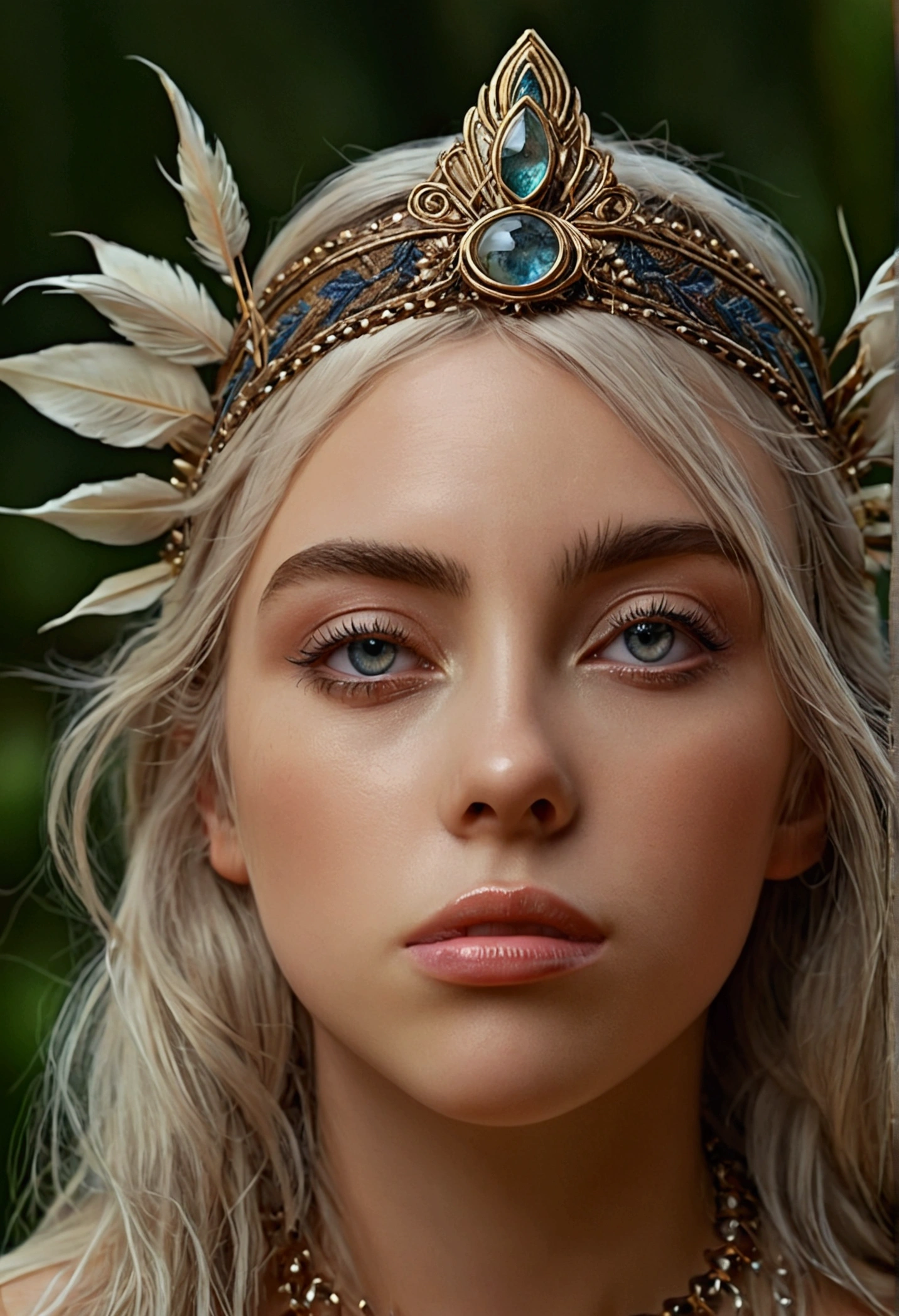 beautiful detailed eyes, beautiful detailed lips, extremely detailed eyes and face, longeyelashes, woman, nymph, rugged masculine features, fantasy, surreal, dreamlike, intricate, ethereal, mystical, glowing skin, ornate headdress, flowing hair, detailed fabric textures, lush nature background, (best quality,4k,8k,highres,masterpiece:1.2),ultra-detailed,(realistic,photorealistic,photo-realistic:1.37), cinematic lighting, vibrant colors, dramatic