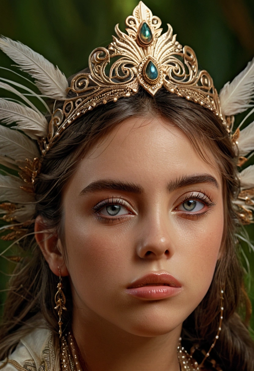 beautiful detailed eyes, beautiful detailed lips, extremely detailed eyes and face, longeyelashes, woman, nymph, rugged masculine features, fantasy, surreal, dreamlike, intricate, ethereal, mystical, glowing skin, ornate headdress, flowing hair, detailed fabric textures, lush nature background, (best quality,4k,8k,highres,masterpiece:1.2),ultra-detailed,(realistic,photorealistic,photo-realistic:1.37), cinematic lighting, vibrant colors, dramatic