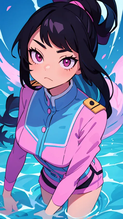 girl, 16 years old, black hair, pink eyes, my hero academy uniform, powers of water