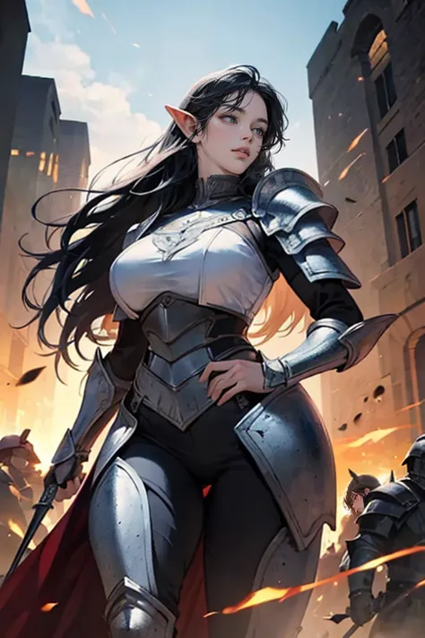 a beautiful elf, long black hair, sky blue eyes, thin lips, round face, huge breasts, wide hips, elven battle armor, ready to fi...