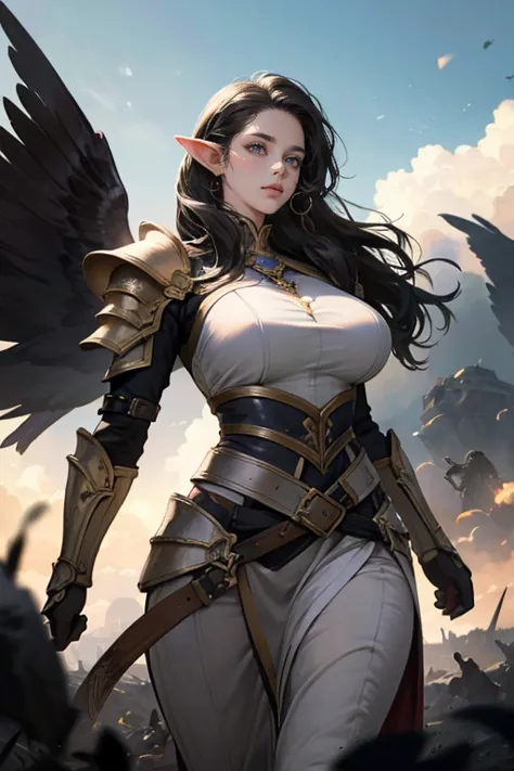 a beautiful elf, long black hair, sky blue eyes, thin lips, round face, huge breasts, wide hips, elven battle armor, ready to fi...