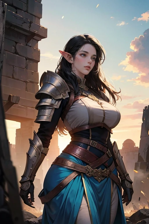 a beautiful elf, long black hair, sky blue eyes, thin lips, round face, huge breasts, wide hips, elven battle armor, ready to fight, imposing and beautiful, battlefield scene, fantasy, high quality, detailed, photorealistic, cinematic lighting, dramatic colors, epic scale, intricate details