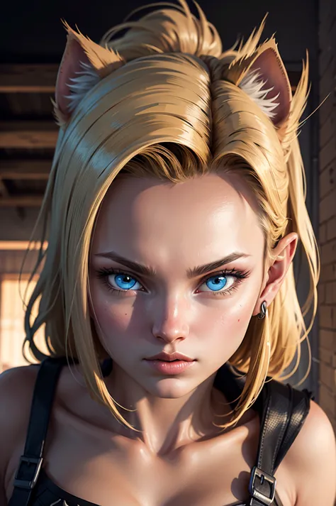 a beautiful neko android 18, detailed facial features, detailed eyes, detailed lips, detailed nose, detailed face, long eyelashe...