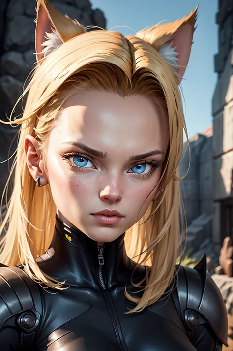 a beautiful neko android 18, detailed facial features, detailed eyes, detailed lips, detailed nose, detailed face, long eyelashe...