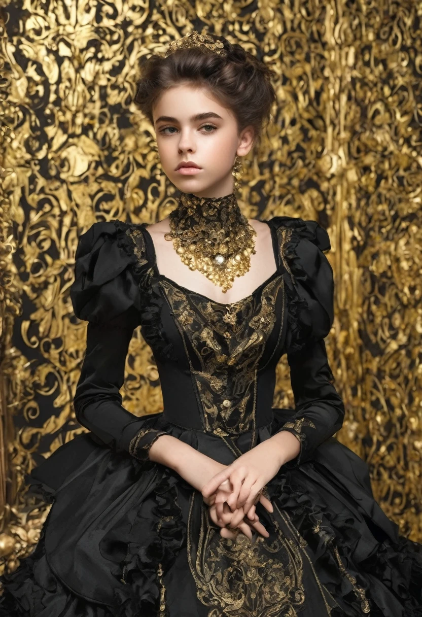 teenager in a low-cut dark style black dress, tight, victorian style, with gold decorations 