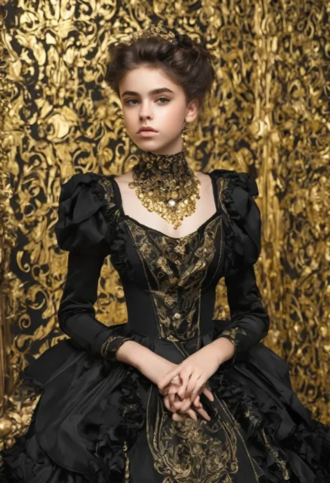 teenager in a low-cut dark style black dress, tight, victorian style, with gold decorations